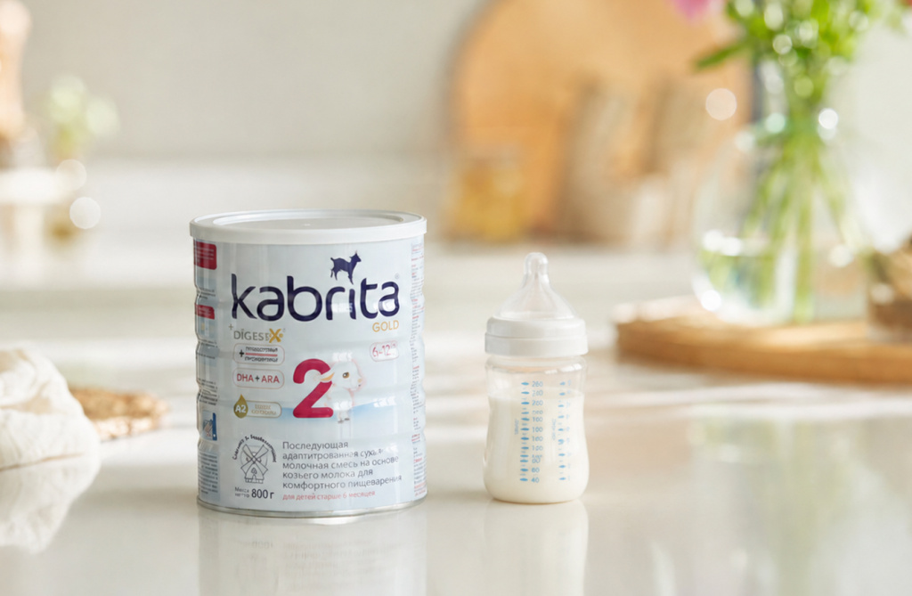 Банка детской смеси Kabrita Gold 2 800 г и бутылочка с готовой смесью на светлом столе — идеальное питание для малыша после рождения